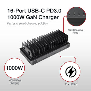 Shintaro 16-Port USB-C PD3.0 1000W GaN Charging Dock for Smartphone, Tablet, & Notebook Devices & Smart Power Management via InnovateCharger App